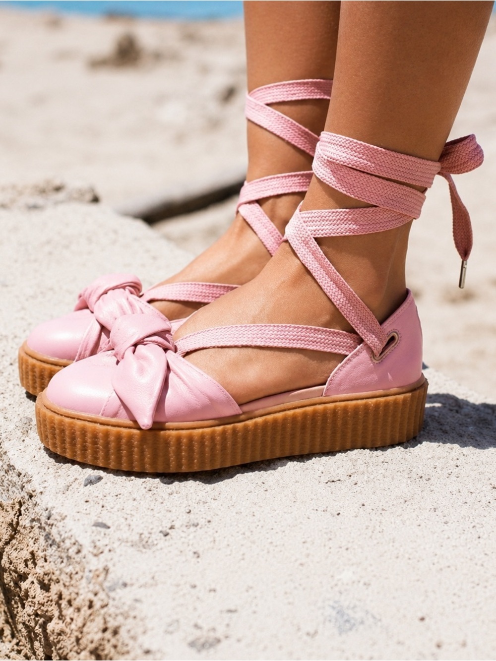 FENTY x Puma Bow Creeper Ballet Platform Lace Up Shoes Pink Leather Women’s 10